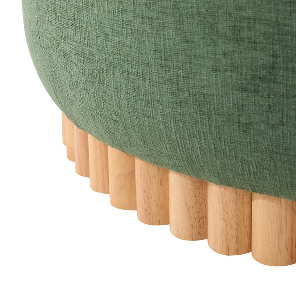 English Elm 29" Round Boucle Storage Ottoman Sculptural Wood Base Reversible Lid Living Room Green N723P405304G