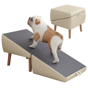 English Elm Dog Pet Stairs Solid Wood Foldable Ramp with Ottoman Style for Couch or Bed Light Gray W2641P440162