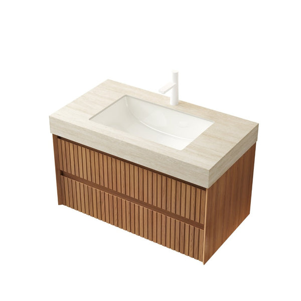 English Elm Tilley 36" Floating Bathroom Vanity With Travertine Top, Ceramic Basin & Soft-Close Drawers, Brown Oak W2615S00231-GIGA