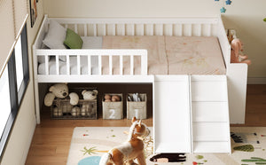 English Elm Twin Platform Kids Bed with Slide Ladder Guardrails Storage Shelf Wood Frame White N733S415411K