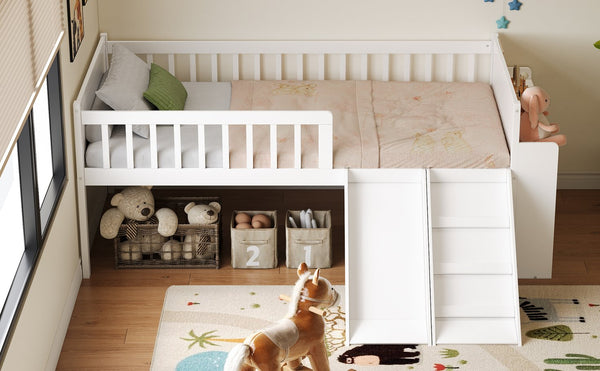 English Elm Twin Platform Kids Bed with Slide Ladder Guardrails Storage Shelf Wood Frame White N733S415411K