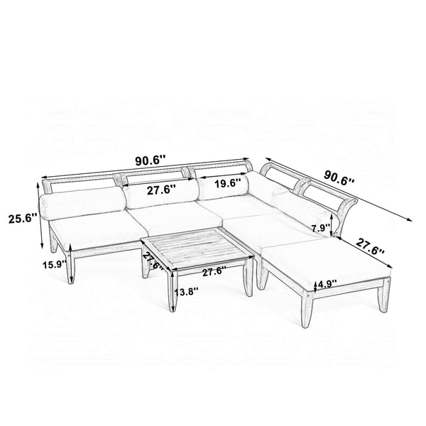 English Elm TOPMAX 6-Piece Acacia Patio Sofa Set - Modular L-Shaped Conversation Set, Convertible Daybed, Teak Beige Cushions SP100031AAA