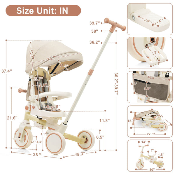 English Elm 7 in 1 Convertible Toddler Trike Aluminum Foldable Push Bike with Canopy for Ages 1 to 6 Yellow N726P248345Y