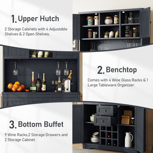 English Elm Coffee Bar Cabinet Dark Blue Farmhouse Buffet with Wine Cubbies, Stemware Rack, Drawers, Shelves & Prep Space Antique Blue W1580S00073