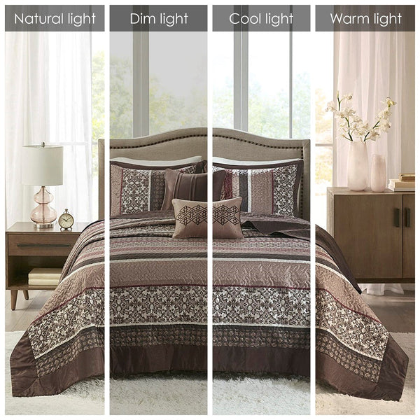English Elm 5 Princeton Reversible Jacquard Quilt Set King/Cal King Chocolate Medallion Leaf Stripe Luxury Red 22.64 L x 17.52 W x 7.68 H B03597544