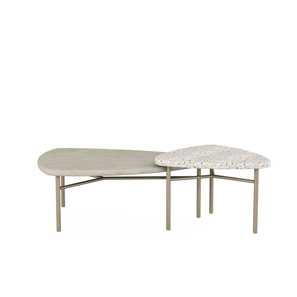 A.R.T. Furniture Cotiere Contemporary 2-piece Cocktail Tables Set With Wood & Terrazzo Tops, Bronze Metal Base Beige Parawood Solids,Mixed Split Cathedral Quarter,White Oak Veneer,Terrazzo Stone,Metal 299362-1243
