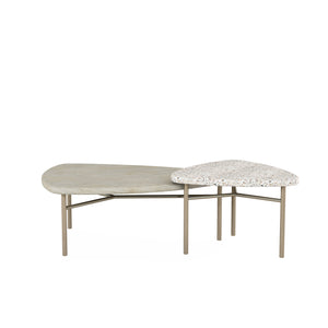 A.R.T. Furniture Cotiere Contemporary 2-piece Cocktail Tables Set With Wood & Terrazzo Tops, Bronze Metal Base Beige Parawood Solids,Mixed Split Cathedral Quarter,White Oak Veneer,Terrazzo Stone,Metal 299362-1243