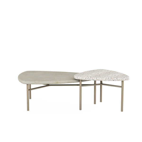 A.R.T. Furniture Cotiere Contemporary 2-piece Cocktail Tables Set With Wood & Terrazzo Tops, Bronze Metal Base Beige Parawood Solids,Mixed Split Cathedral Quarter,White Oak Veneer,Terrazzo Stone,Metal 299362-1243