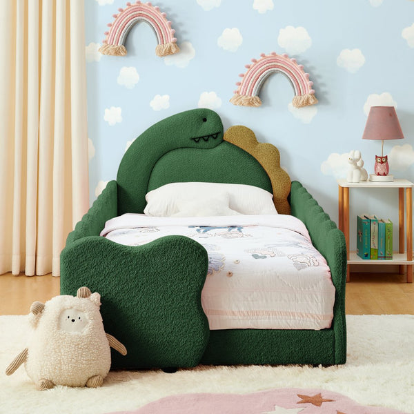 English Elm Twin Dinosaur Boucle Upholstered Kids Bed Solid Wood Frame with Padded Safety Rails Green W1413P385005