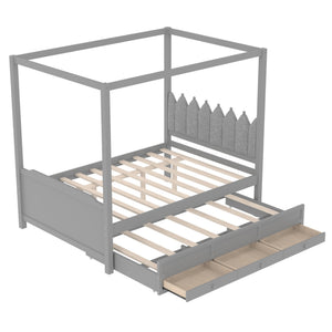 English Elm Full Bunk Bed with Trundle Bookshelf Storage Pine Frame Car Design for Kids W1580S00318