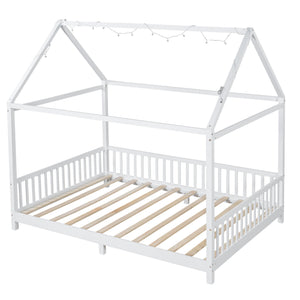 English Elm Wood Full Size House Bed with Guardrail, LED Lights & Sturdy Pine Frame for Kids Room Safety and Style N709P177524K