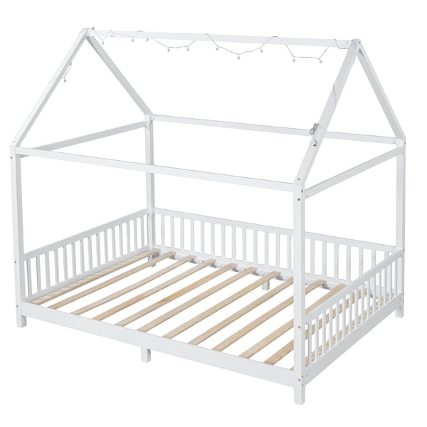 English Elm Wood Full Size House Bed with Guardrail, LED Lights & Sturdy Pine Frame for Kids Room Safety and Style N709P177524K