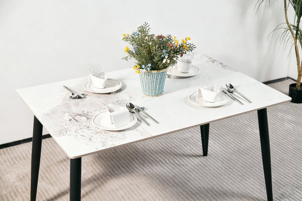 English Elm Modern Sintered Stone Rectangular Dining Table with Tapered Black Legs Seats Four W1911S00018
