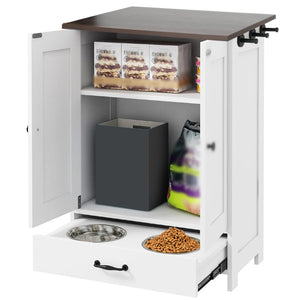 English Elm Dog Feeding Station Cabinet with Pull Out Bowls Storage Hooks White Pet Organizer W1687P205402