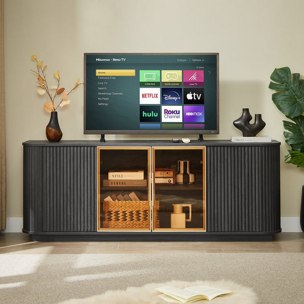 English Elm 64-Inch Wavy Tv Cabinet With Tempered Glass Doors, Led Lighting & Modern Design For Stylish Storage W1162P309027