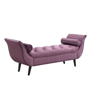 English Elm Upholstered Velvet Tufted Bench with Bolster Pillows Solid Oak Legs Bedroom Entryway Purple N761P304407P