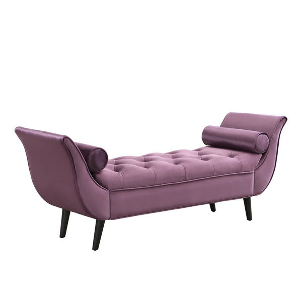 English Elm Upholstered Velvet Tufted Bench with Bolster Pillows Solid Oak Legs Bedroom Entryway Purple N761P304407P