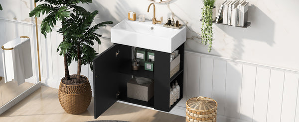 English Elm 21.6 inch Modern Floating Bathroom Vanity with Ceramic Basin, Wave Door, Rose Gold Handle Black N729P170388B