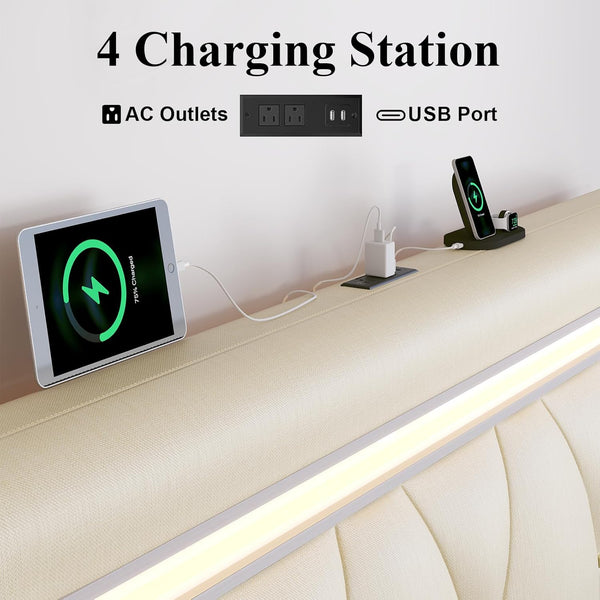 English Elm Full Bed Frame With Led Lights, Usb Charging, Adjustable Headboard & Noise-Free Slat Support System T3825P369947