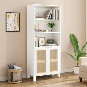 English Elm Tall Rattan Door Bookcase with 5 Shelves — Stylish Tall Storage Shelf for Living Room Office LibraryBedroom White T3623P379893