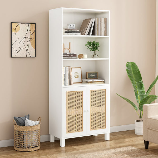 English Elm Tall Rattan Door Bookcase with 5 Shelves — Stylish Tall Storage Shelf for Living Room Office LibraryBedroom White T3623P379893