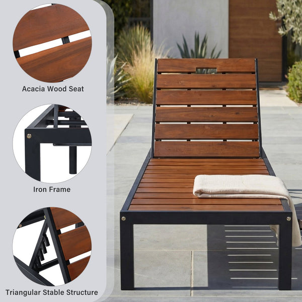 English Elm Outdoor Acacia Wood Slat Chaise Lounge with Powder Coated Frame for Patio Resort Black+Brown N719P383161D