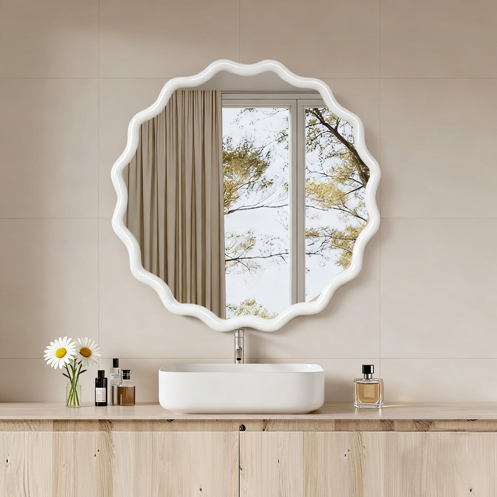 English Elm White 30 Inch Wavy Round Solid Wood Frame Mirror - Boho Elegant Tempered Glass Vanity Decor W2203P389084
