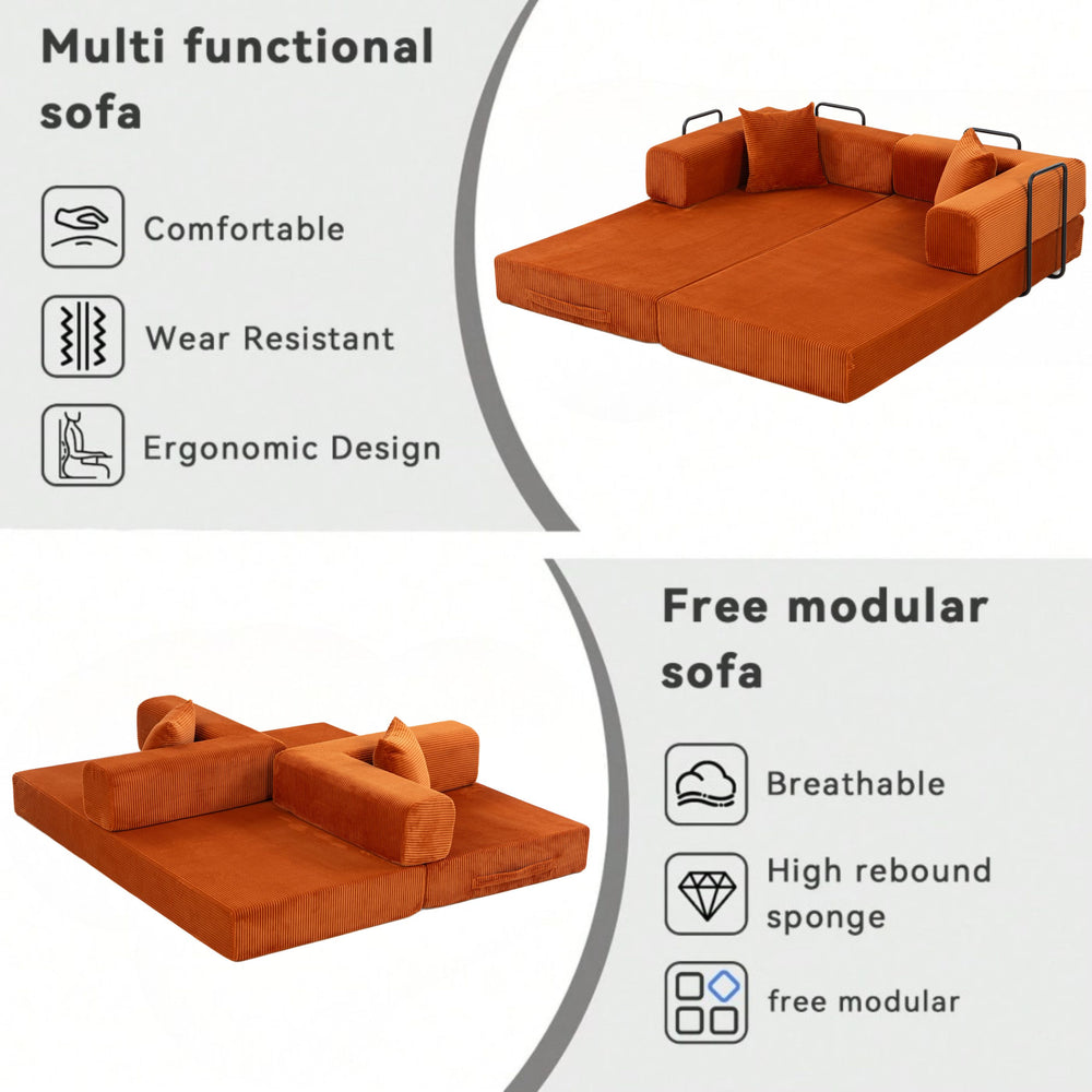 English Elm Full Foam Modular Sofa Bed Corduroy Upholstered Convertible Lounger for Studio Apartments Orange W3326P450802