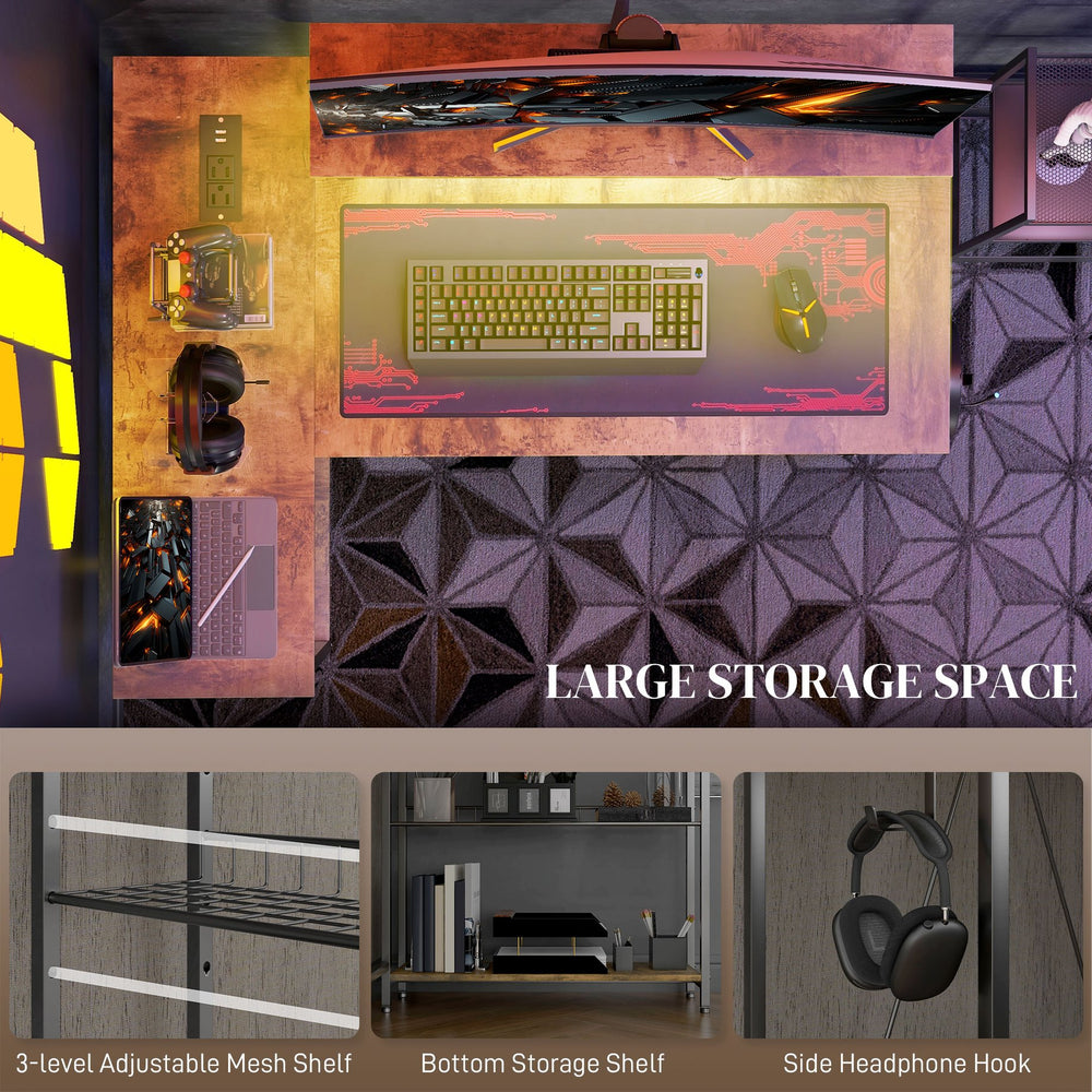 English Elm HOMCOM LED L-Shaped Desk with USB & Power Outlets, Monitor Stand, Shelves, Remote Lighting Ambience Rustic Brown W2225P217260