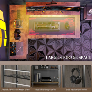 English Elm HOMCOM LED L-Shaped Desk with USB & Power Outlets, Monitor Stand, Shelves, Remote Lighting Ambience Rustic Brown W2225P217260