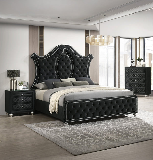 English Elm 1pc Cameo 5-Drawer Chest Velvet Tufted Front with Faux Crystal Knobs Gray Wood Finish, Stylish Storage Black 42.52 L x 18.11 W x 47.24 H B2741P329272