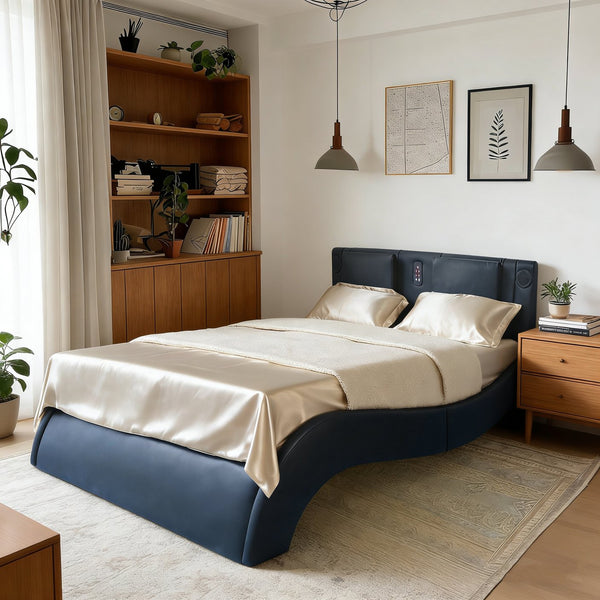English Elm Faux Leather King Platform Bed with Rgb Lighting Bluetooth Speakers and Massage W2297S00029
