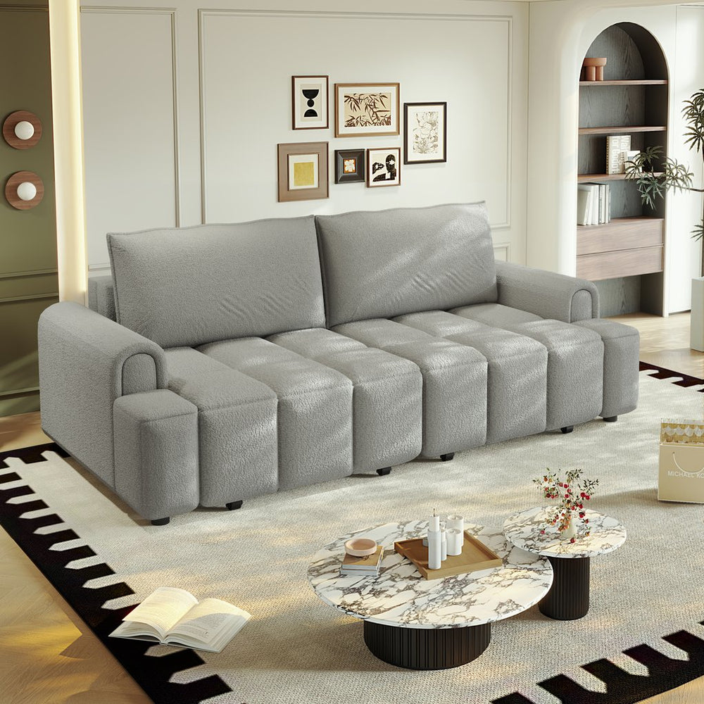 English Elm 90.2" Plush Teddy Fabric Convertible Sleeper Sofa with Hidden Storage for Living Room Light Grey W1885S00312