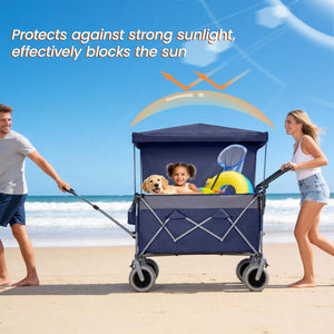English Elm Multi-functional Folding Wagon with Canopy All Terrain Tires 480lb Steel Frame Outdoor Blue Gray W2932P417649