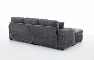 English Elm Corduroy Upholstered Chaise Lounge Sofa with Movable Ottoman, Cup Holder, Deep Seat Comfort Grey W2120S00007