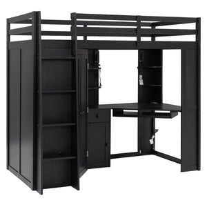English Elm Twin Loft Bed with Wardrobe Desk Charging Station and Spotlights for Small Rooms Black LT000450AAB