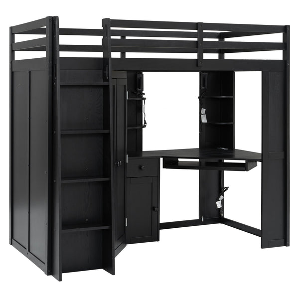 English Elm Twin Loft Bed with Wardrobe Desk Charging Station and Spotlights for Small Rooms Black LT000450AAB