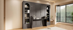 English Elm Queen Murphy Bed with Led Lighting Side Cabinets Shelving and Fold Down Desk Panel Gray N7090002226E-1