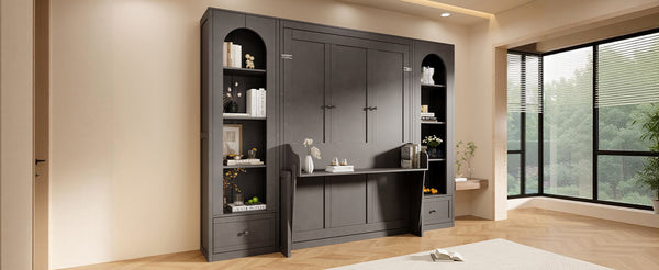 English Elm Queen Murphy Bed with Led Lighting Side Cabinets Shelving and Fold Down Desk Panel Gray N7090002226E-1