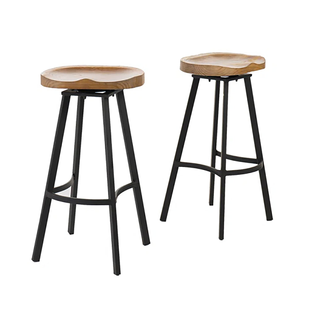 English Elm Pinewood Swivel Barstools with Black Iron Frame Industrial Kitchen Set of 2 N771P379688K