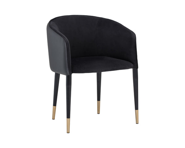 Sunpan Asher Dining Armchair - Modern Barrel Back Design with Black Steel Legs and Elegant Gold Foot Caps Abbington Black / Napa Black