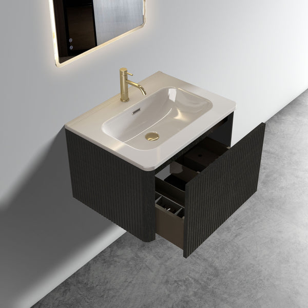 English Elm U056-Etna24W-308 Striped Brushed Black Oak Floating Vanity with White Integrated Ceramic Sink, Push-Open Drawer, Curved Edges W1865P218038