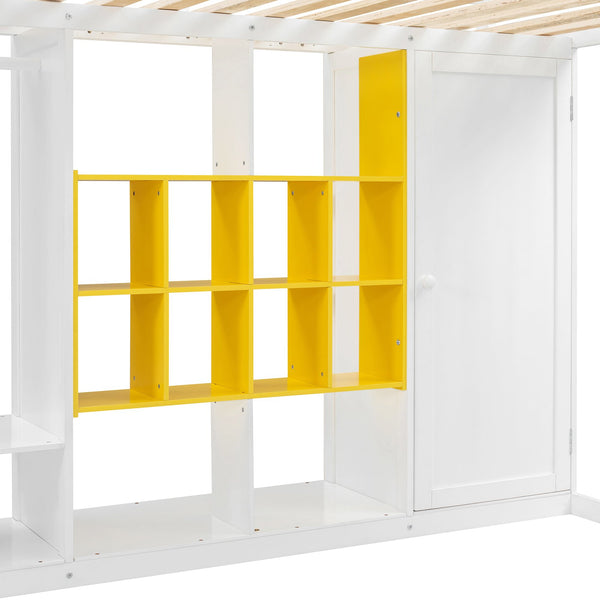 English Elm Twin Loft Bed with Wardrobe Shelves and Cabinet Kids Bedroom Wood Storage Frame Yellow+White N708S00024K