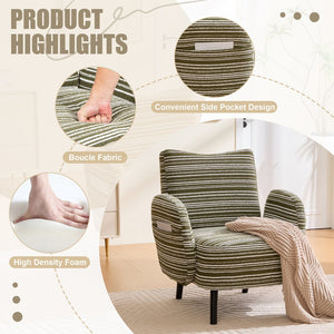 English Elm Modern Bouclé Armchair with High-Density Foam, Side Pocket & Solid Wood Legs for Cozy Reading Spots Olive Green W395P376571