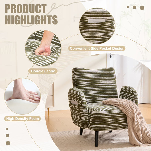 English Elm Modern boucle armchair with high-density foam cushion, solid wood legs, 500lb capacity, cozy reading seat Olive Green W395P376571