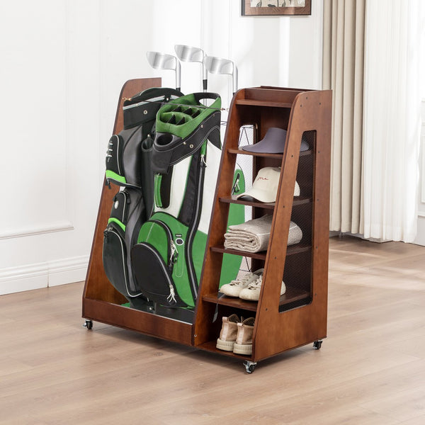 English Elm Golf Bag Storage Rack Wooden 2 Bag Organizer with Shoe Shelf for Garage Basement Brown W1422P296352