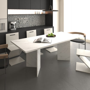 English Elm Extendable Faux Marble Dining Table with V-Legs — Sleek Expandable Conference & Kitchen Centerpiece for 6–10 White W1347S00015