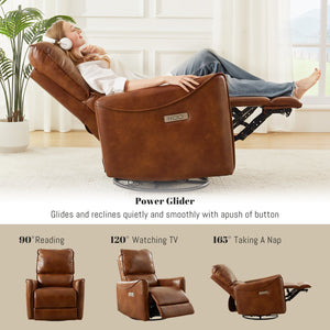 English Elm Brown Air Leather Power Recliner Rocker Swivel Chair for Living Room or Media B2766P488714