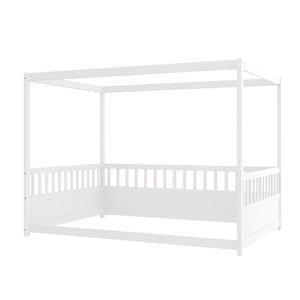 English Elm Full Canopy Bed Frame with Guardrails for Kids Full Size Pine Wood Montessori Floor Bed Cozy Canopy White W1858P252840