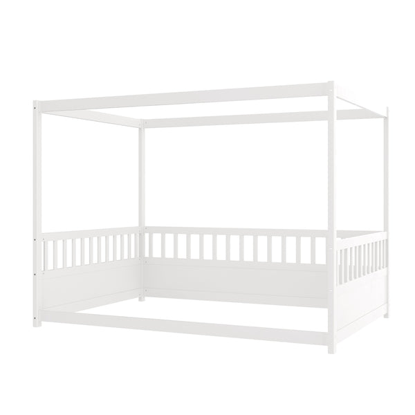 English Elm Full Canopy Bed Frame with Guardrails for Kids Full Size Pine Wood Montessori Floor Bed Cozy Canopy White W1858P252840